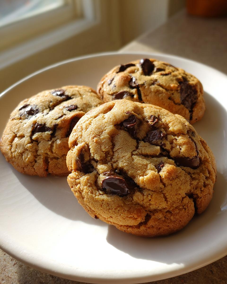Three thick, chewy pudding cookies loaded with melted chocolate chips sitting on a white plate.