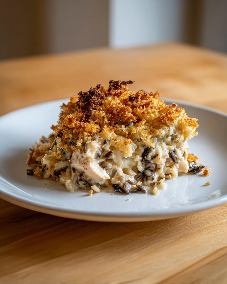 A single serving of creamy chicken wild rice casserole topped with a golden, crunchy breadcrumb topping.