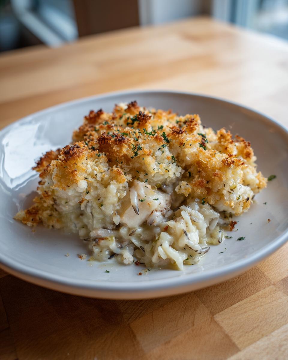 A serving of creamy chicken wild rice casserole topped with a golden, crispy breadcrumb crust and sprinkled with parsley.
