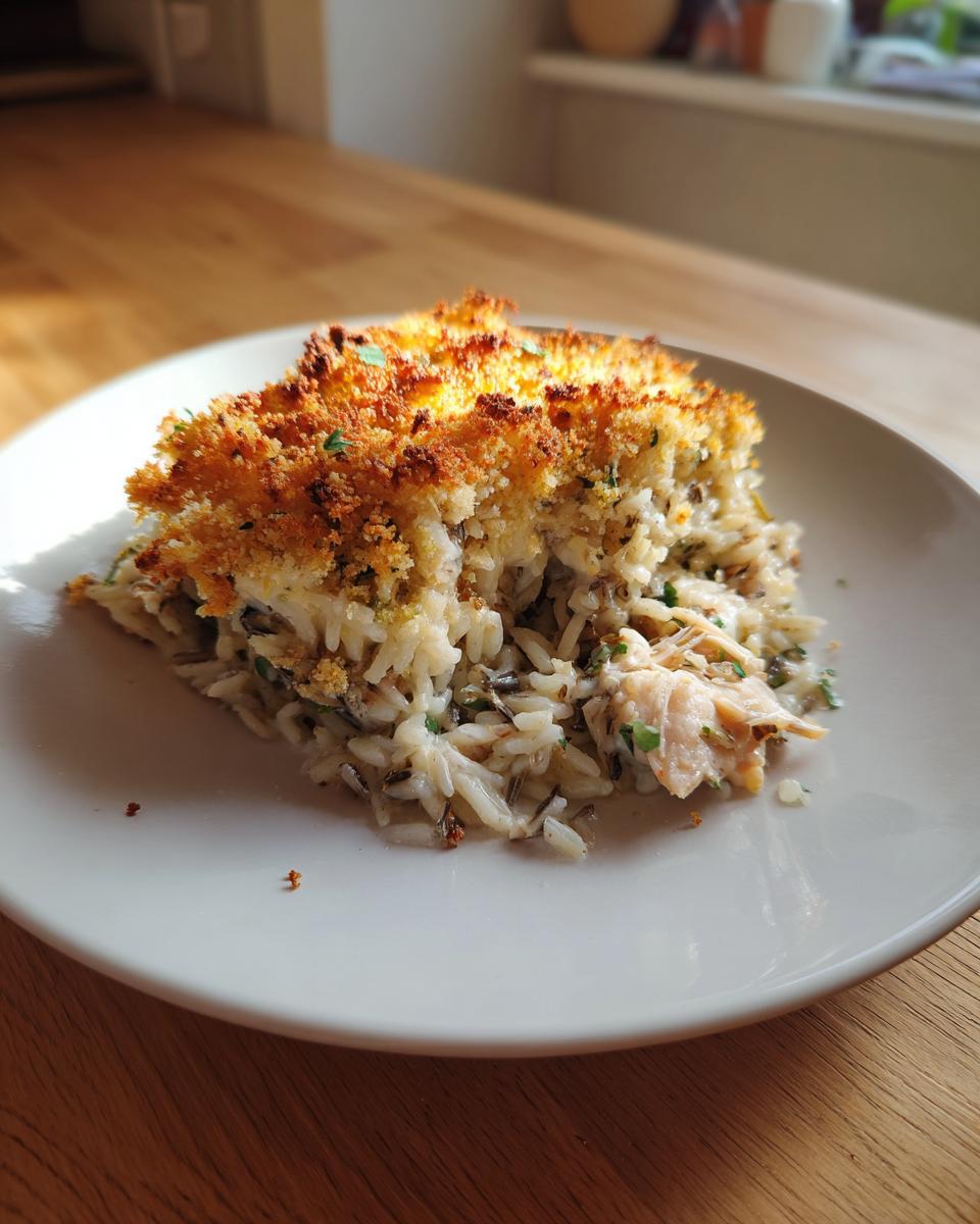 A serving of creamy chicken wild rice casserole topped with a golden, crunchy breadcrumb crust on a white plate.