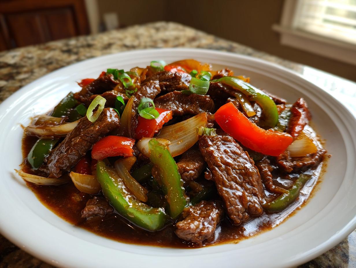 A close-up of savory Chinese pepper steak featuring strips of beef, green and red bell peppers, and onions in a rich brown sauce.