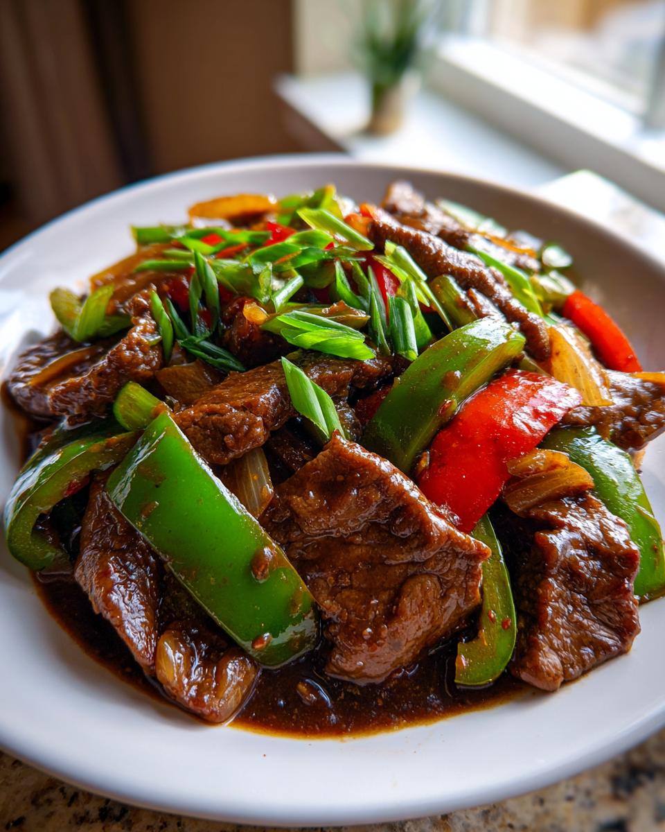 A close-up view of glossy, saucy Chinese pepper steak featuring tender beef strips, bright green and red bell peppers, and scallions.