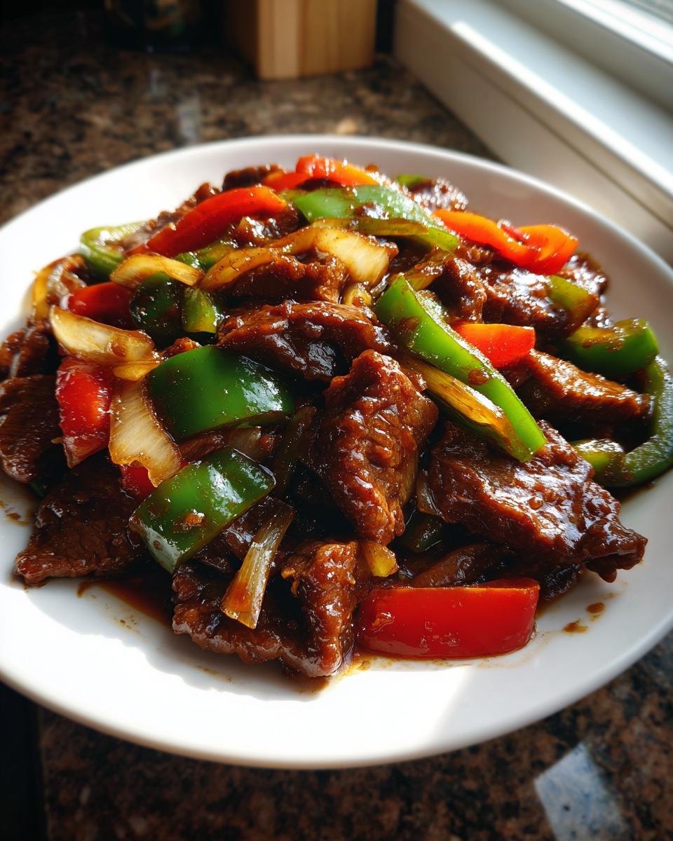 A close-up shot of glistening Chinese pepper steak with strips of green pepper, red pepper, and onion coated in a dark savory sauce.