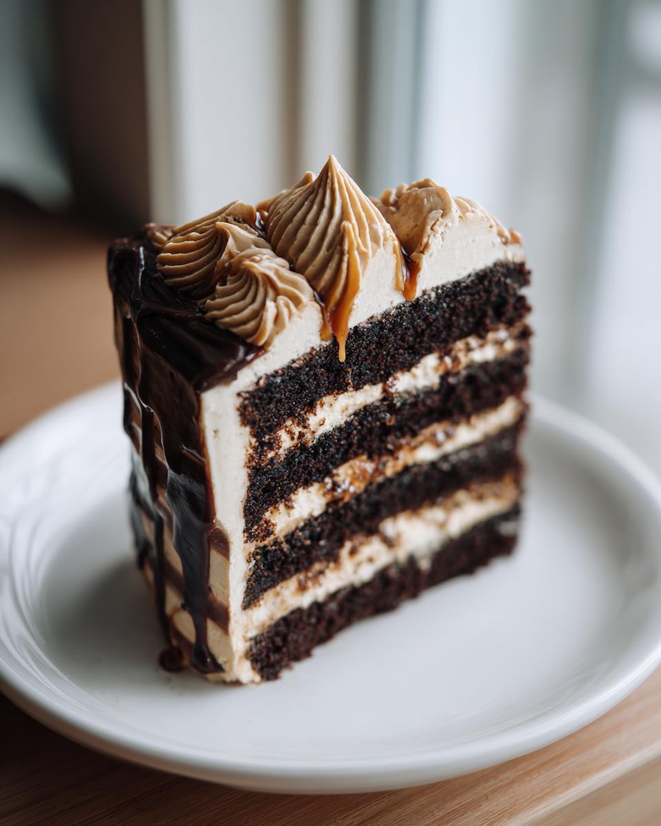A decadent slice of multi-layered chocolate capricorn cake with light brown frosting and chocolate ganache drip.