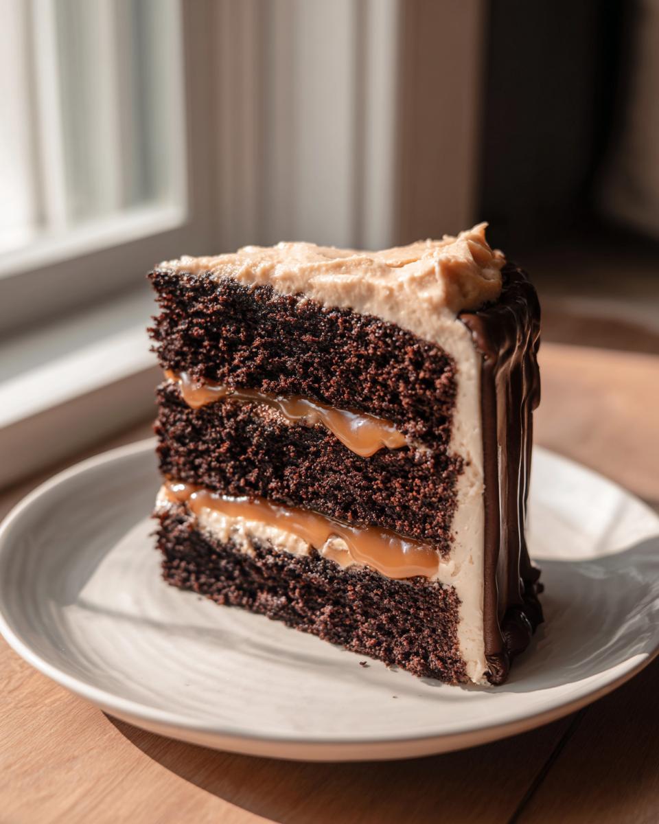 A decadent slice of multi-layered chocolate capricorn cake filled with caramel and topped with peanut butter frosting.