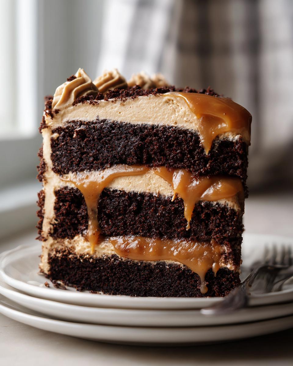 Close-up of a decadent slice of chocolate capricorn cake layered with caramel frosting and dripping with salted caramel sauce.