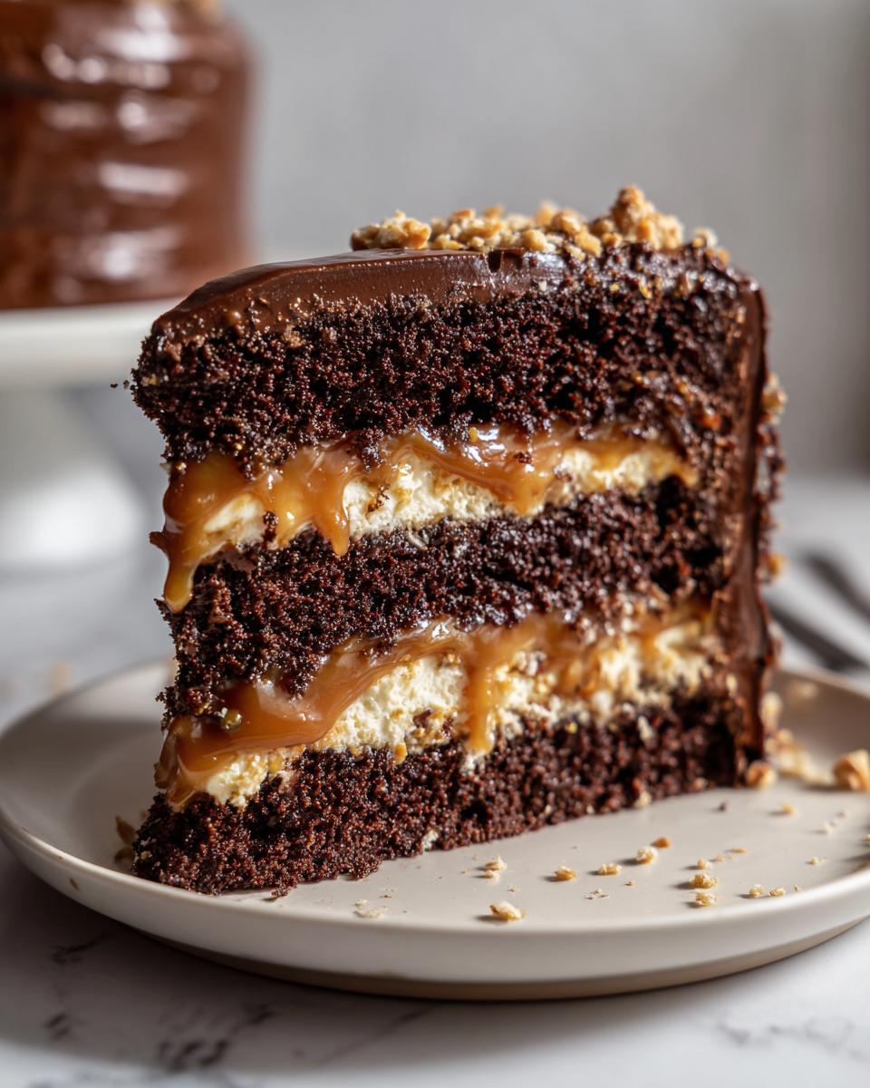 A decadent slice of chocolate caramel toffee crunch cake showing three layers of dark chocolate cake, caramel, and cream filling.