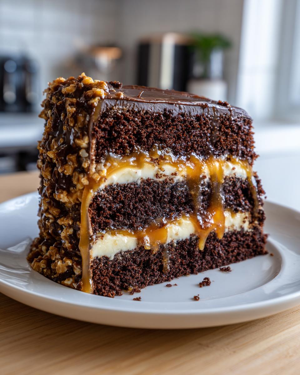 A decadent slice of chocolate caramel toffee crunch cake showing layers of dark chocolate cake, cream filling, and dripping caramel.