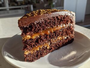 A close-up slice of rich chocolate caramel toffee crunch cake showing three layers of dark cake and gooey caramel filling.