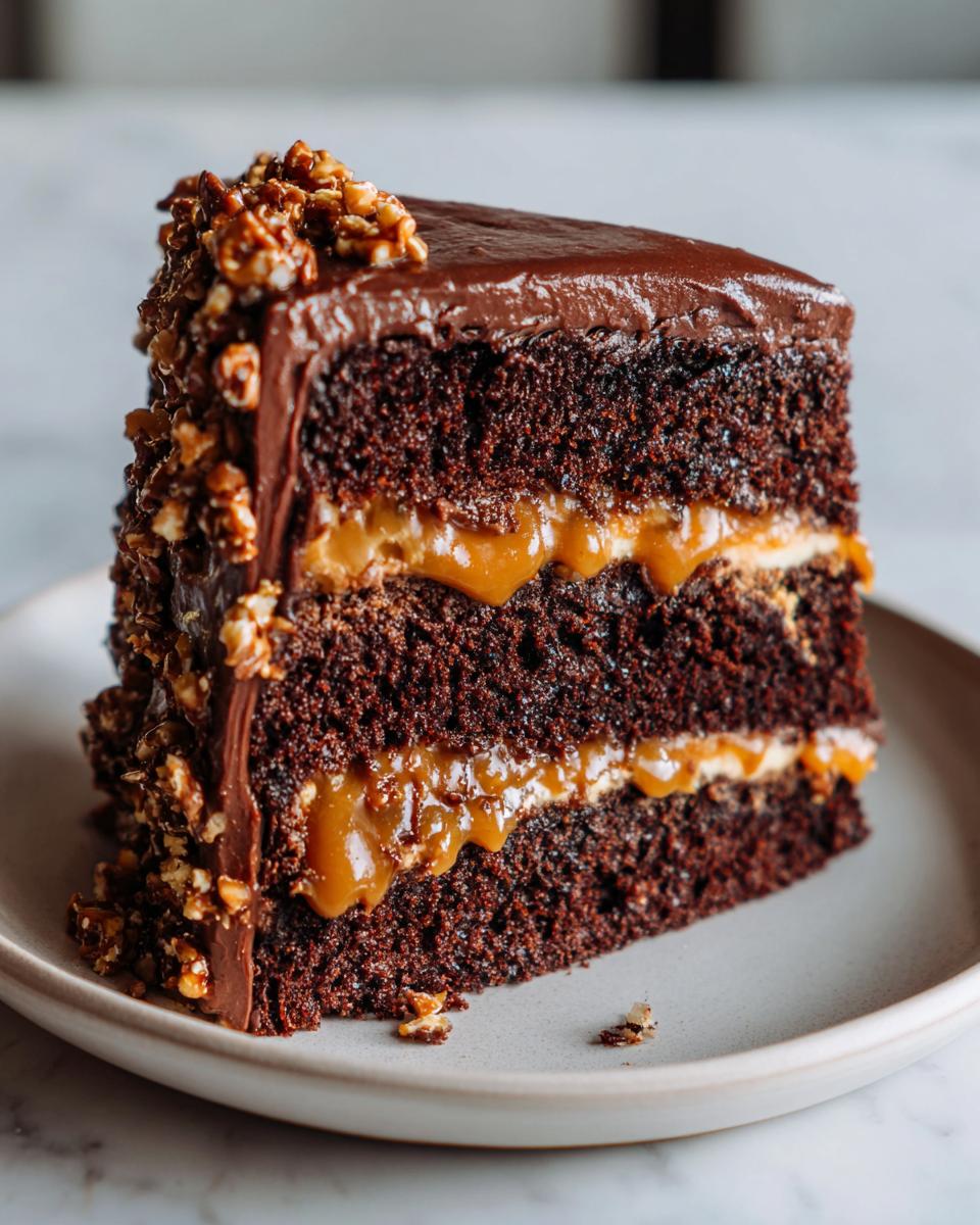 A decadent slice of chocolate caramel toffee crunch cake showing three dark chocolate layers filled with gooey caramel.