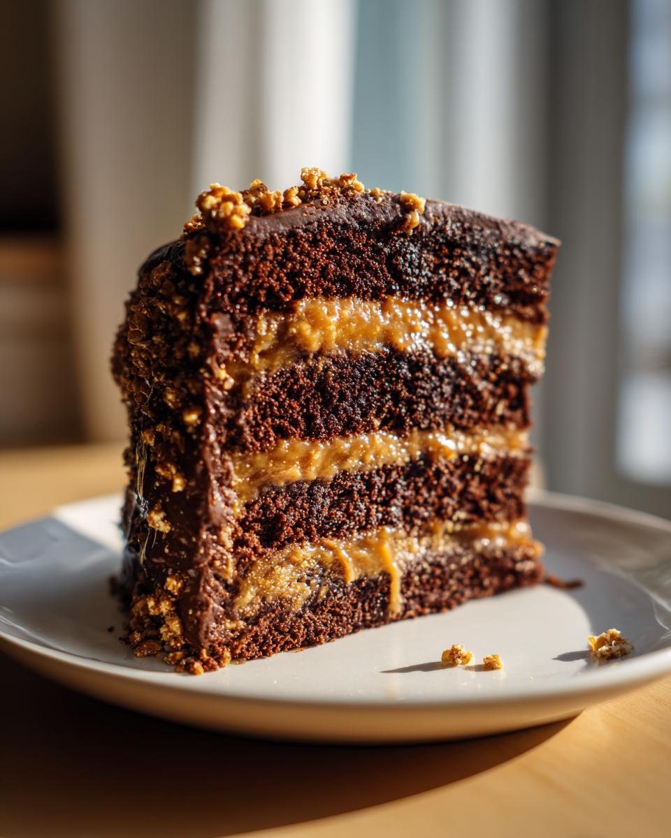 A decadent slice of chocolate caramel toffee crunch cake showing three layers of dark chocolate cake and caramel filling.