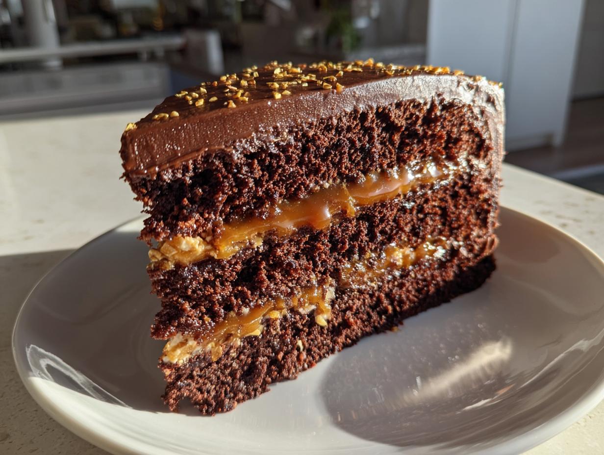 A close-up slice of rich chocolate caramel toffee crunch cake showing three layers of dark cake and gooey caramel filling.