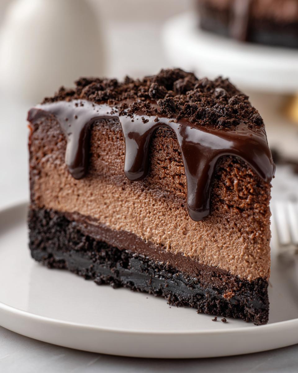 A decadent slice of chocolate cheesecake featuring a dark crust, two layers of mousse, rich chocolate ganache drip, and cookie crumble topping.