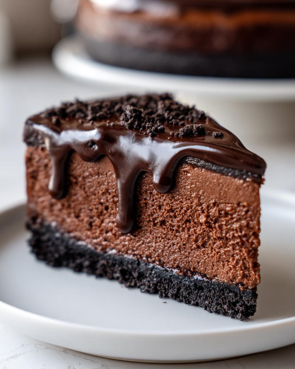 A decadent slice of chocolate cheesecake with a dark cookie crust, topped with chocolate ganache and crumbs.