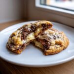A chocolate chip cheesecake cookie broken in half showing the melted chocolate and creamy cheesecake filling.