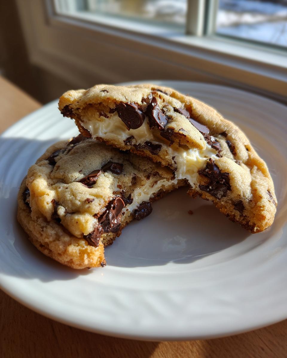 A chocolate chip cheesecake cookie broken in half showing the creamy cheesecake filling inside.