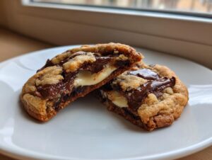 A chocolate chip cheesecake cookie cut in half, showing a gooey melted chocolate and creamy cheesecake center.