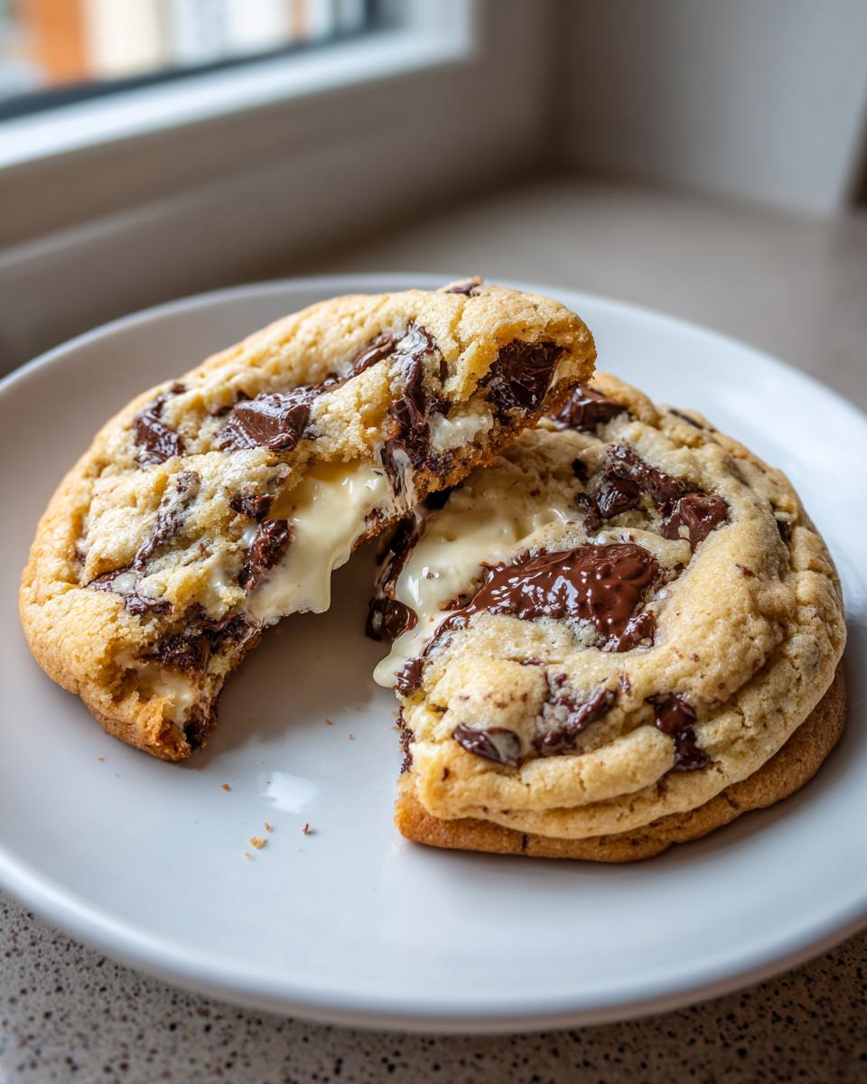 A close-up of two halves of a chocolate chip cheesecake cookies showing melted chocolate and creamy cheesecake filling oozing out.