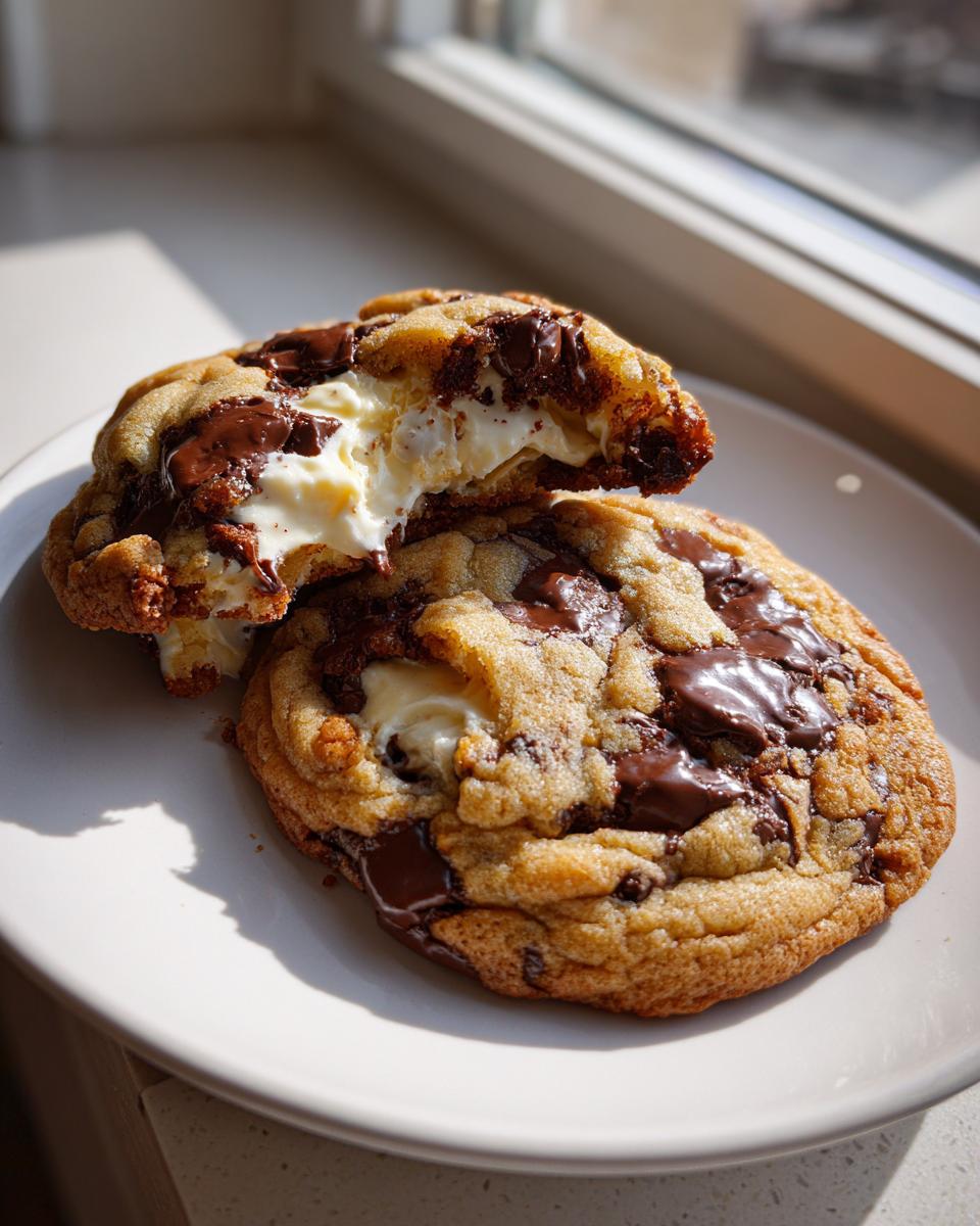 Two rich chocolate chip cheesecake cookies, one broken open to show the creamy cheesecake center.