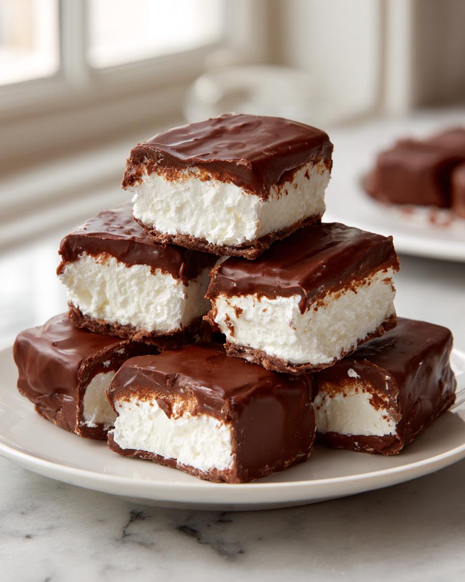 A stack of six chocolate-covered squares featuring a thick, fluffy white filling, showcasing the delicious Cool Whip Candy.