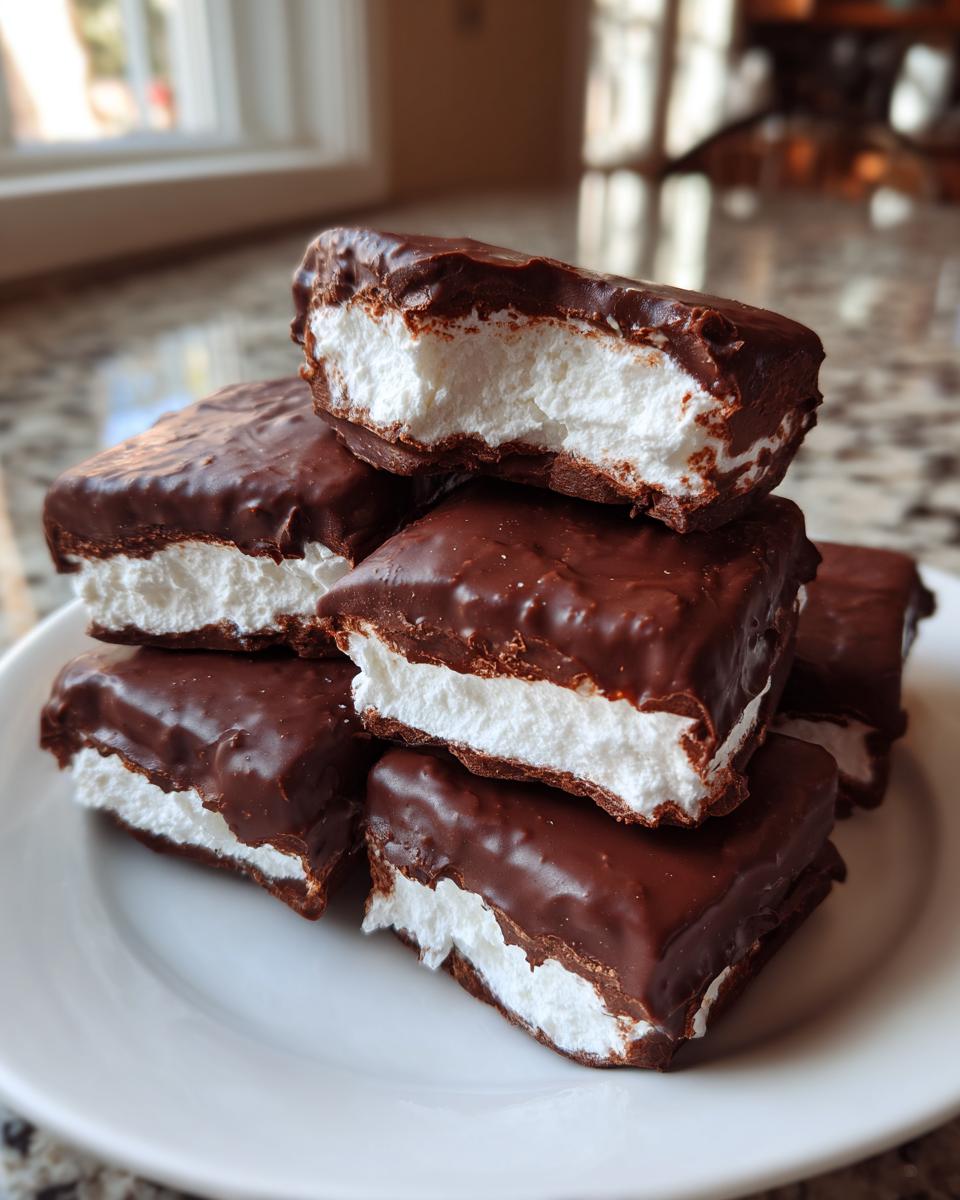 A stack of homemade chocolate-covered treats featuring a thick white center, showcasing the texture of this cool whip candy.