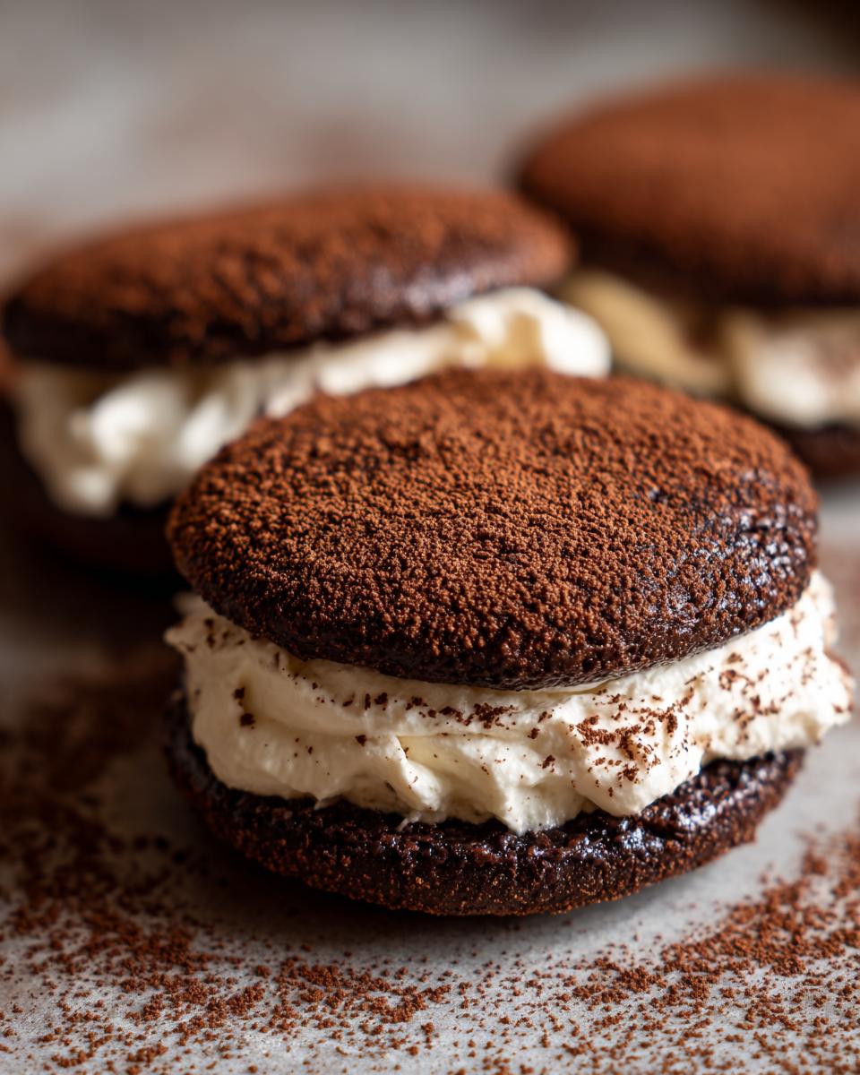 Three decadent chocolate tiramisu cookies filled with creamy white frosting and dusted heavily with cocoa powder.