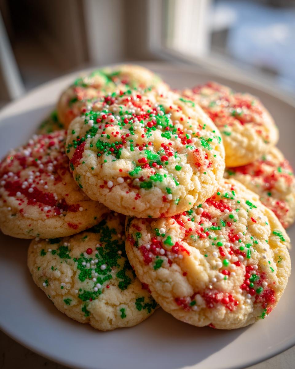 A close-up stack of soft, chewy christmas sprinkle sugar cookies topped with festive red, green, and white nonpareils.