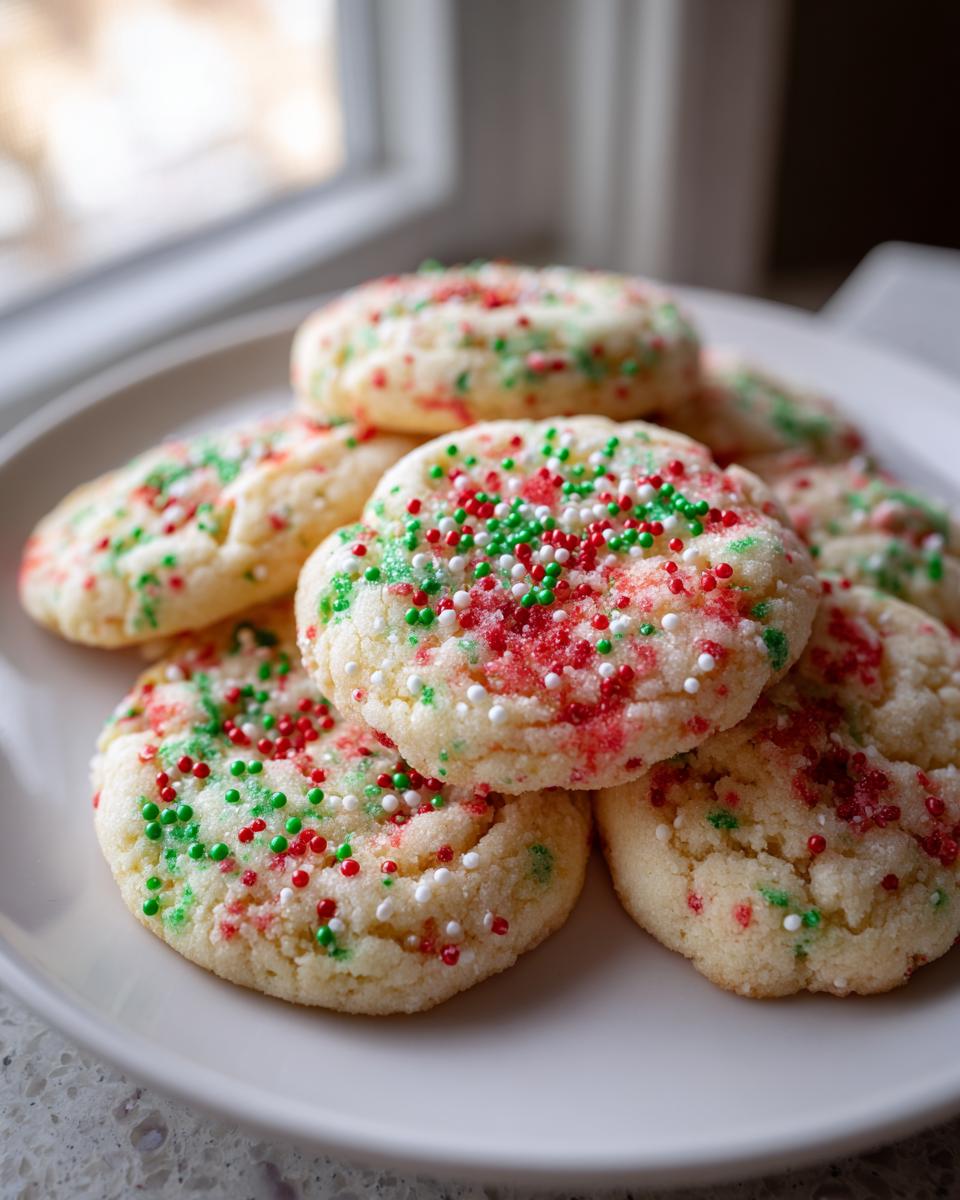 A close-up stack of soft, round christmas sprinkle sugar cookies topped with red, green, and white nonpareils.