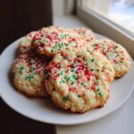 A stack of freshly baked christmas sprinkle sugar cookies topped with red, green, and white sprinkles on a white plate.