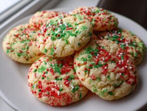 A close-up photo of several soft Christmas sprinkle sugar cookies topped with red, green, and white sprinkles on a white plate.