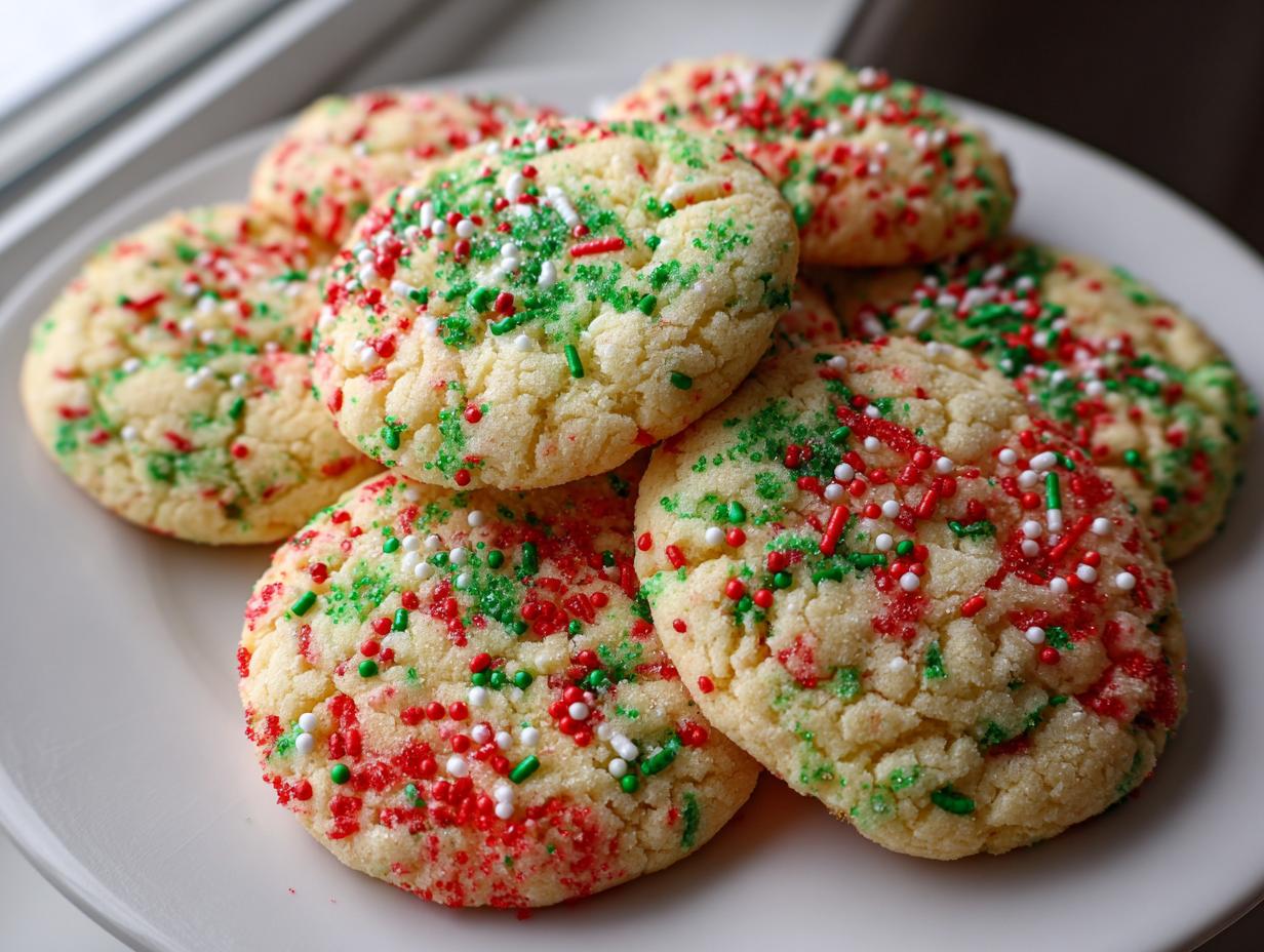 A close-up photo of several soft Christmas sprinkle sugar cookies topped with red, green, and white sprinkles on a white plate.