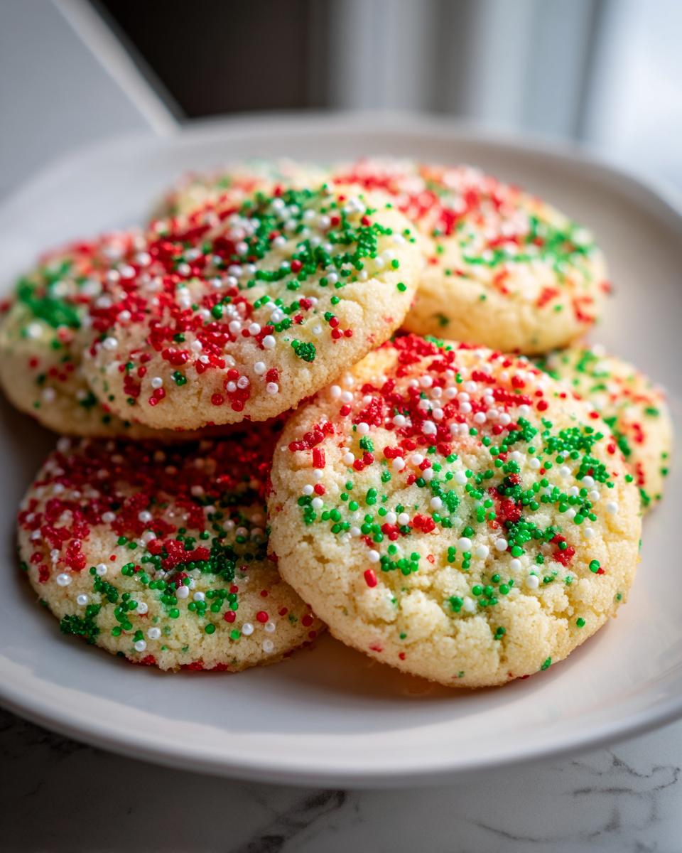 Close-up of several soft christmas sprinkle sugar cookies topped with red, green, and white nonpareils on a white plate.