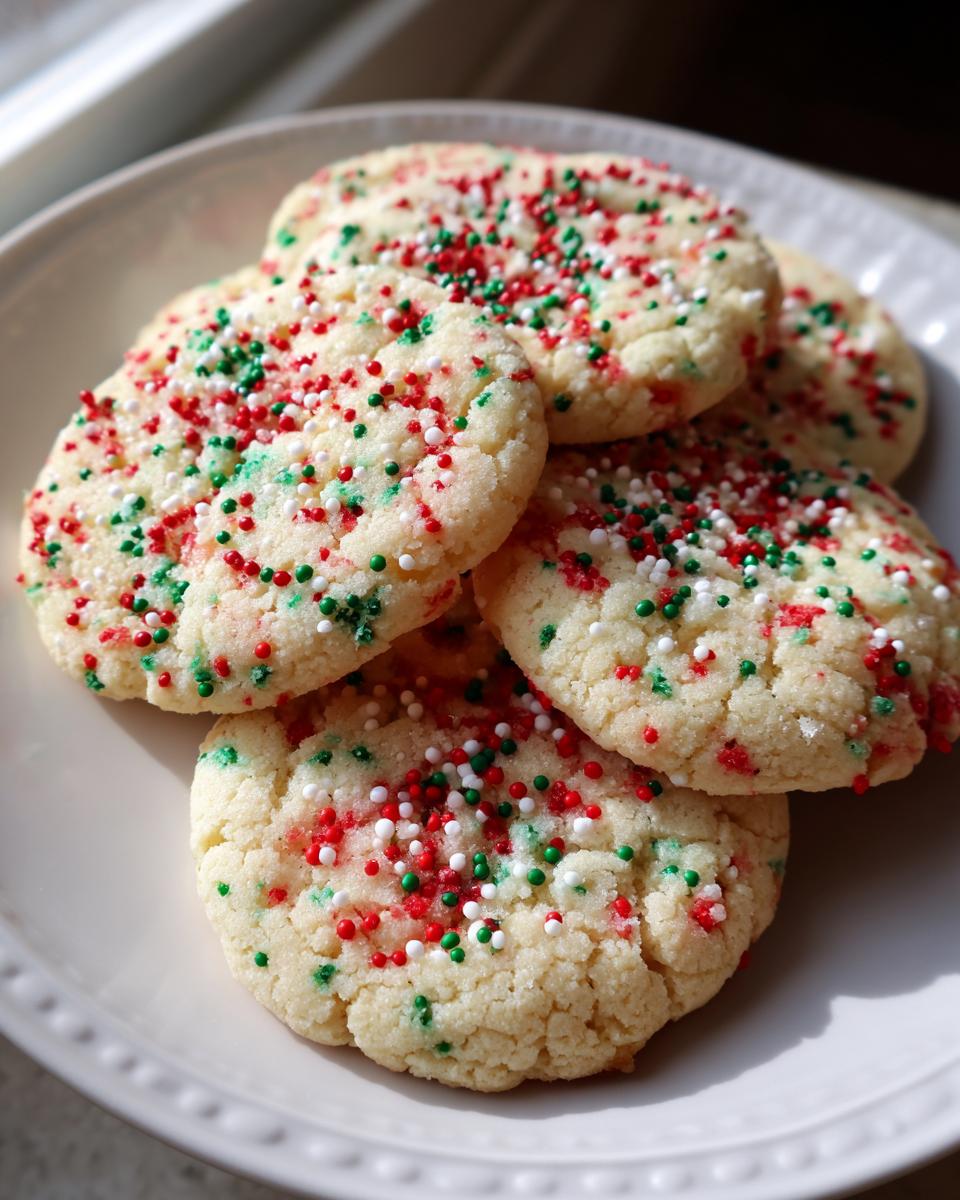 Close-up of several soft Christmas sprinkle sugar cookies topped with red, green, and white sprinkles on a white plate.