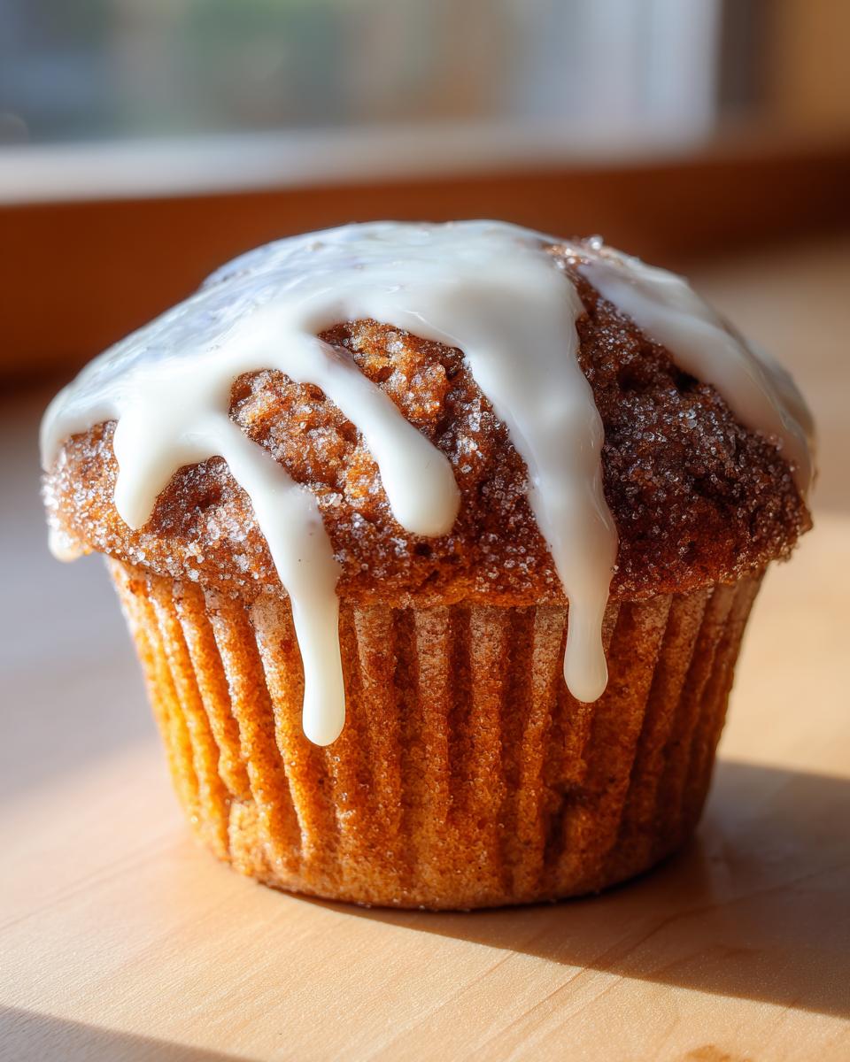 A close-up of a single, freshly baked cinnamon roll muffin topped with sparkling cinnamon sugar and thick white icing drizzle.