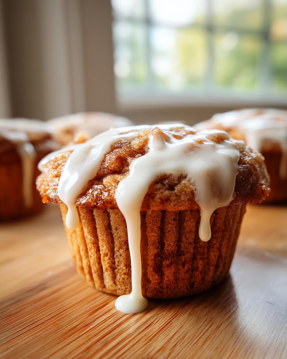 A close-up of a freshly baked cinnamon roll muffin topped with thick, dripping white glaze.