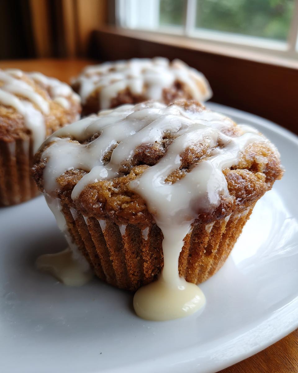 A close-up of a freshly baked cinnamon roll muffin topped with thick, dripping white icing.