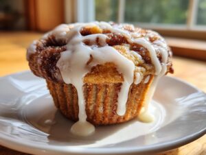 A single, freshly baked cinnamon roll muffin topped with thick white icing dripping down the sides.