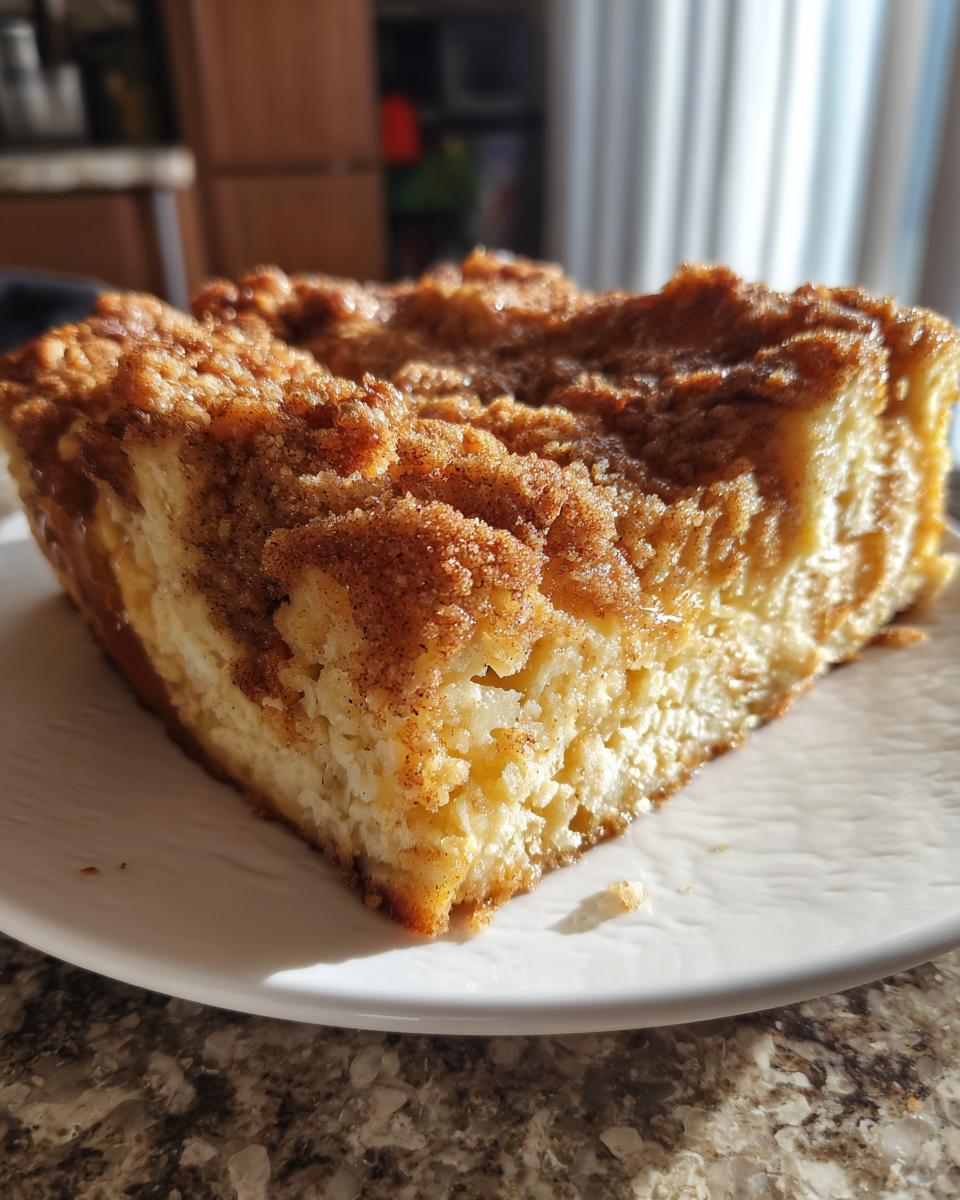 A close-up slice of baked french toast casserole topped with thick cinnamon streusel, sitting on a white plate.