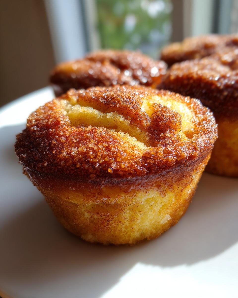 A close-up of a golden french toast muffin topped with a crunchy cinnamon sugar crust, sitting on a white plate.