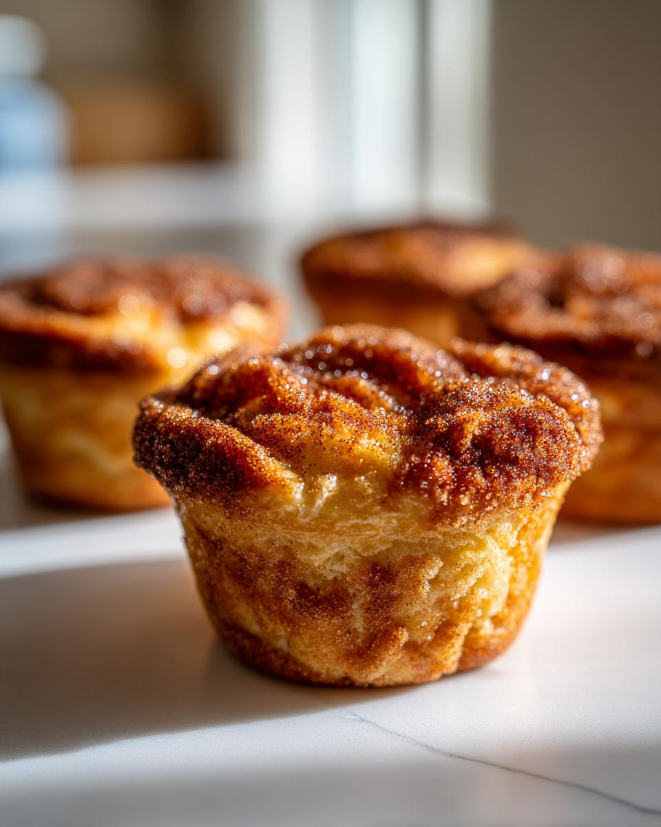 A close-up of a golden brown french toast muffin topped with sparkling cinnamon sugar.