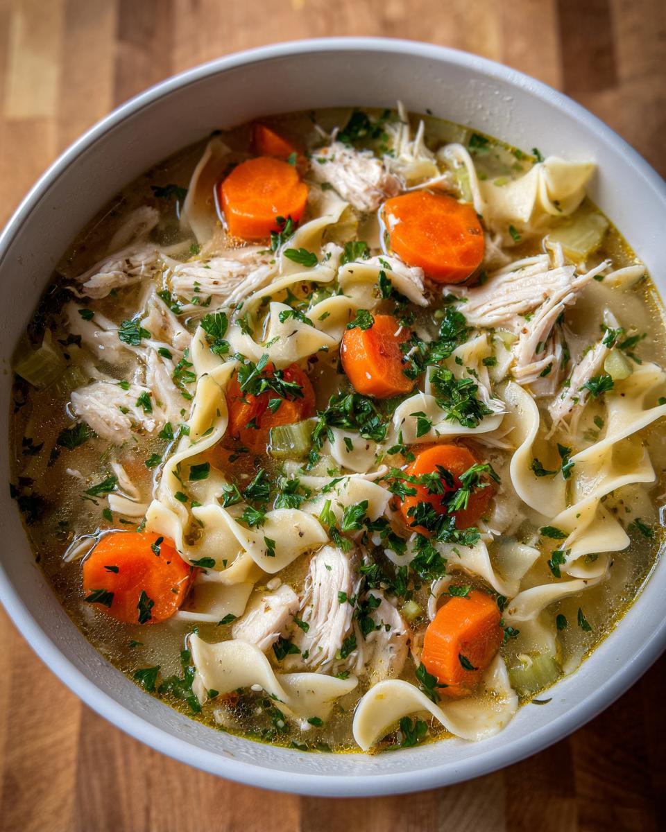 A close-up overhead shot of classic chicken noodle soup with shredded chicken, egg noodles, carrots, and parsley.