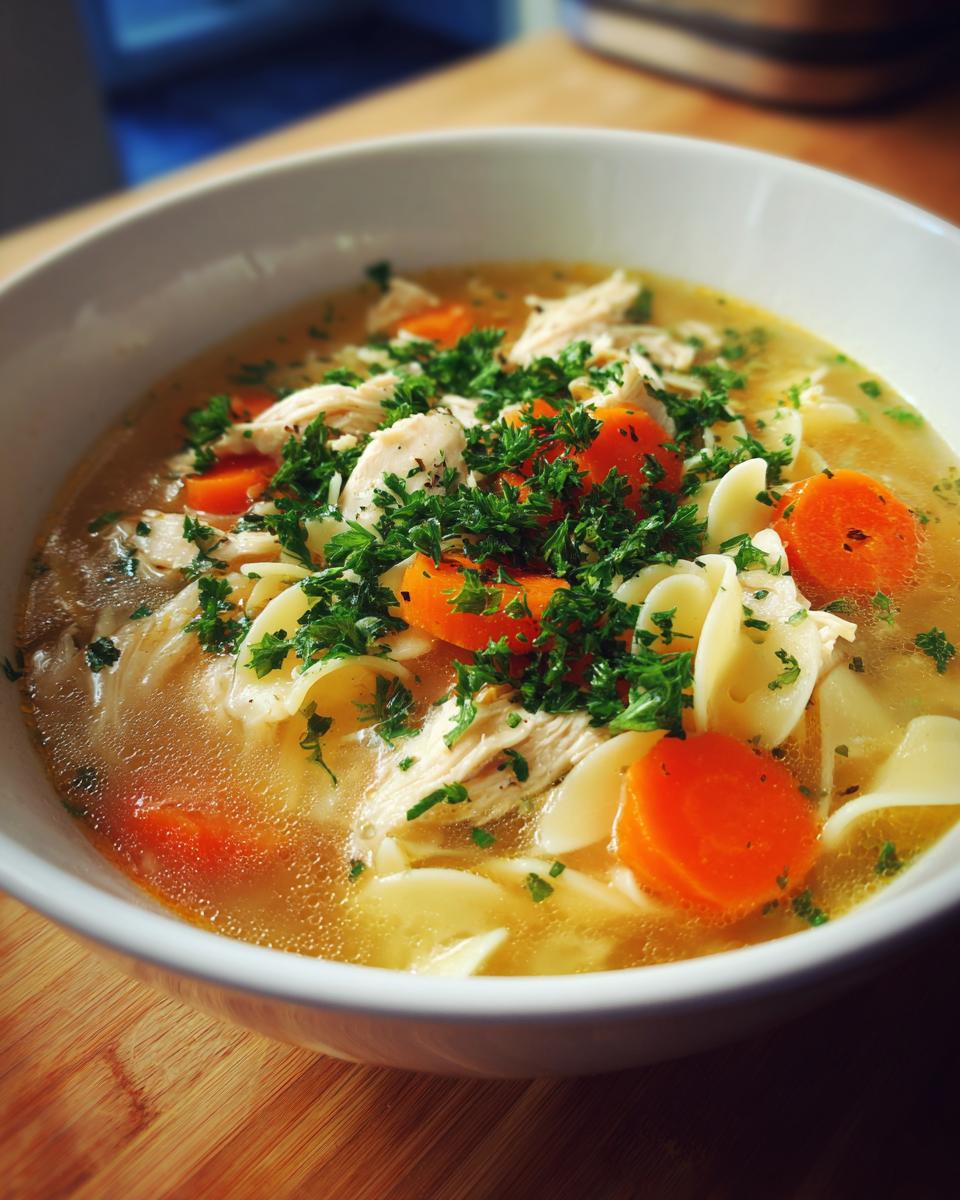 Close-up of a white bowl filled with steaming chicken noodle soup, featuring shredded chicken, carrots, and fresh parsley.