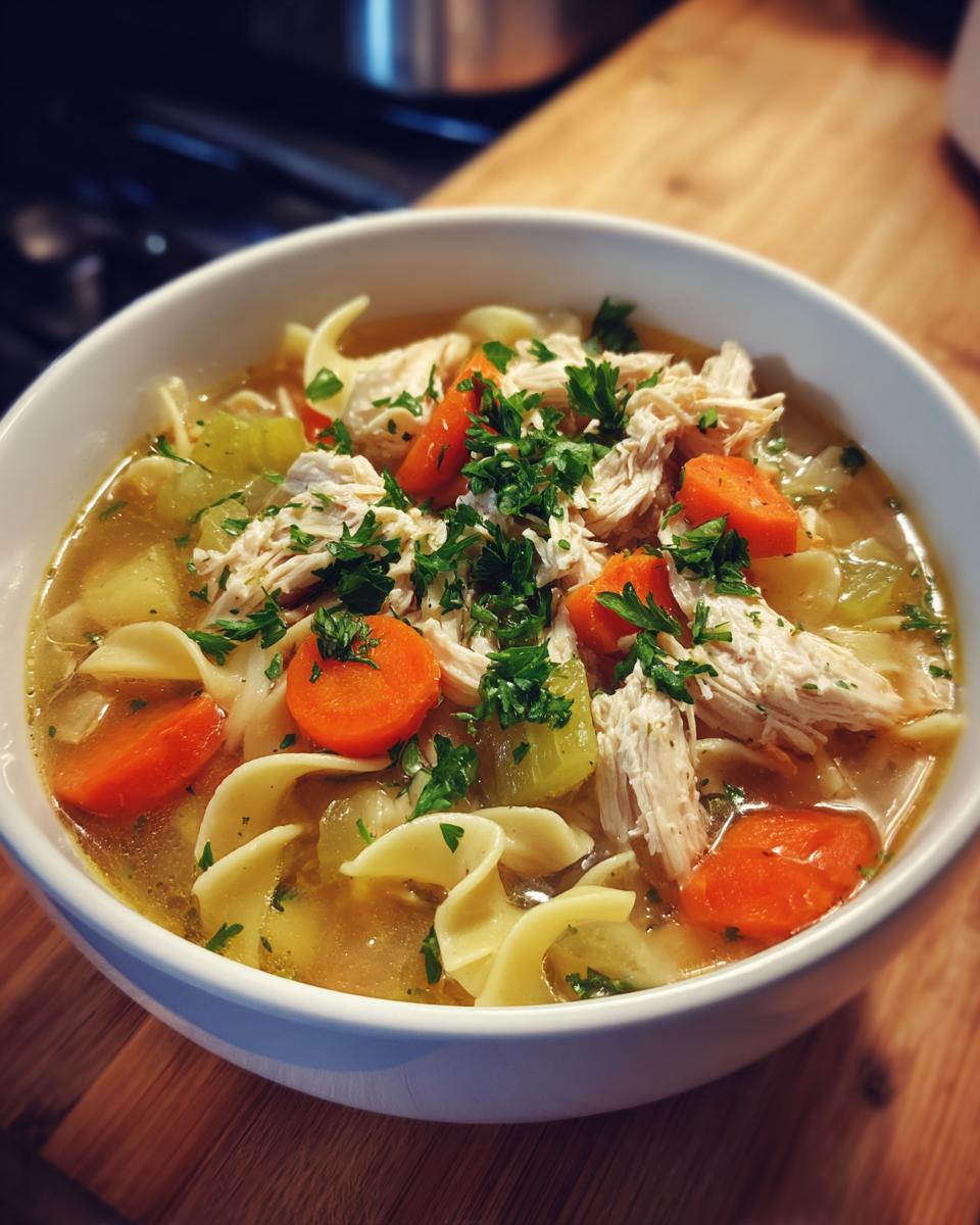 Close-up of a white bowl filled with homemade chicken noodle soup, featuring shredded chicken, egg noodles, carrots, and parsley.