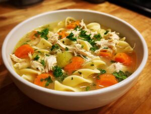 A close-up view of a white bowl filled with homemade chicken noodle soup, featuring shredded chicken, carrots, celery, and egg noodles.