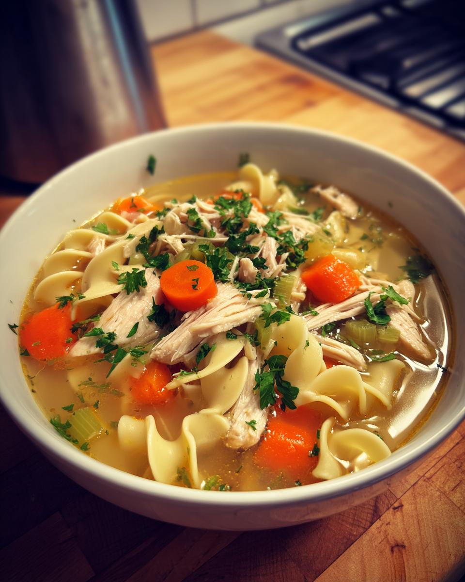 A close-up of a hearty bowl of homemade chicken noodle soup with shredded chicken, carrots, and egg noodles.