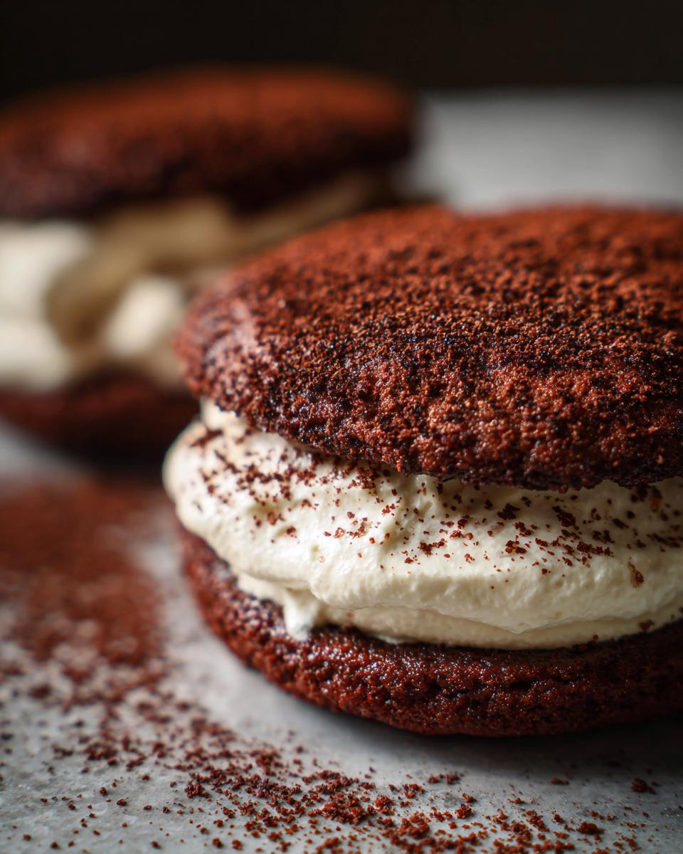 A close-up of a decadent tiramisu cookies sandwich filled with thick cream and dusted heavily with cocoa powder.