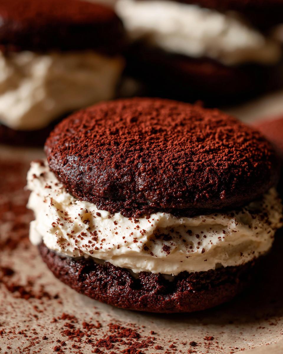 A close-up of a delicious tiramisu cookie sandwich filled with creamy frosting and dusted heavily with cocoa powder.