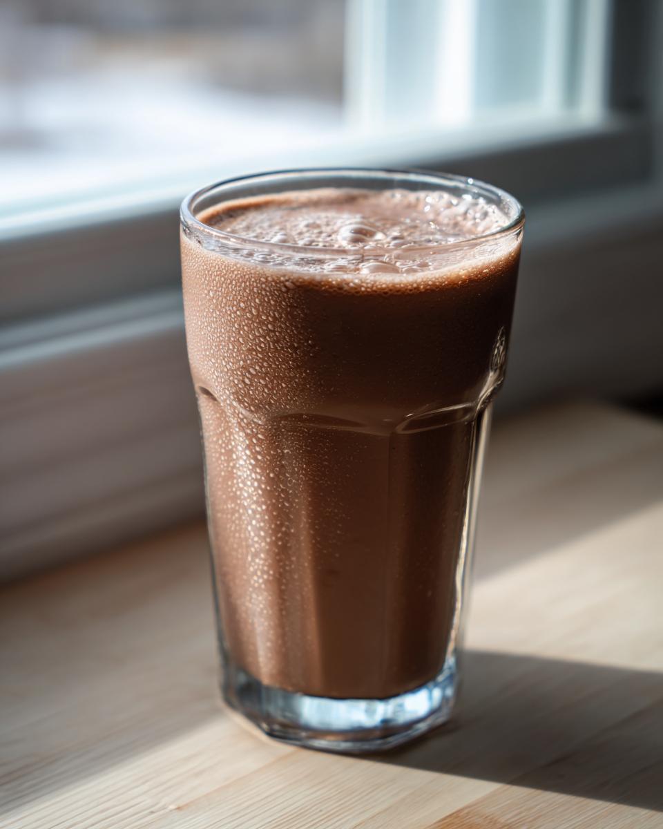 A tall glass of cold, frothy chocolate milk sitting on a light wooden surface near a window.