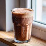 A tall, cold glass of rich chocolate milk sweating with condensation, sitting on a wooden windowsill.