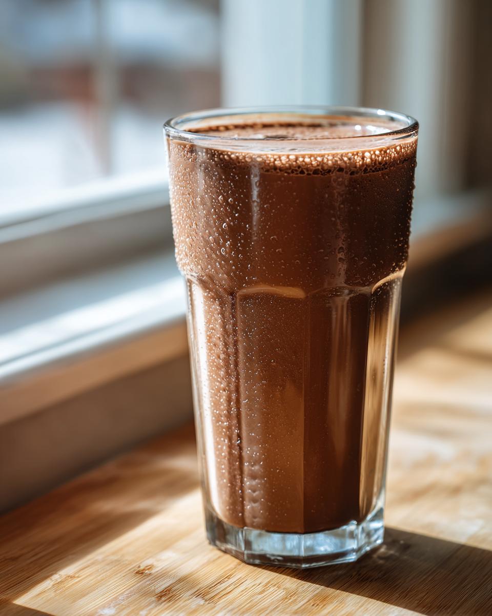 A tall, sweating glass of rich, cold chocolate milk sitting on a wooden surface near a window.